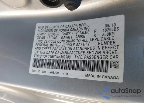 2019 Honda Civic Sport from USA, damaged, VIN 2HGFC4B89KH309980